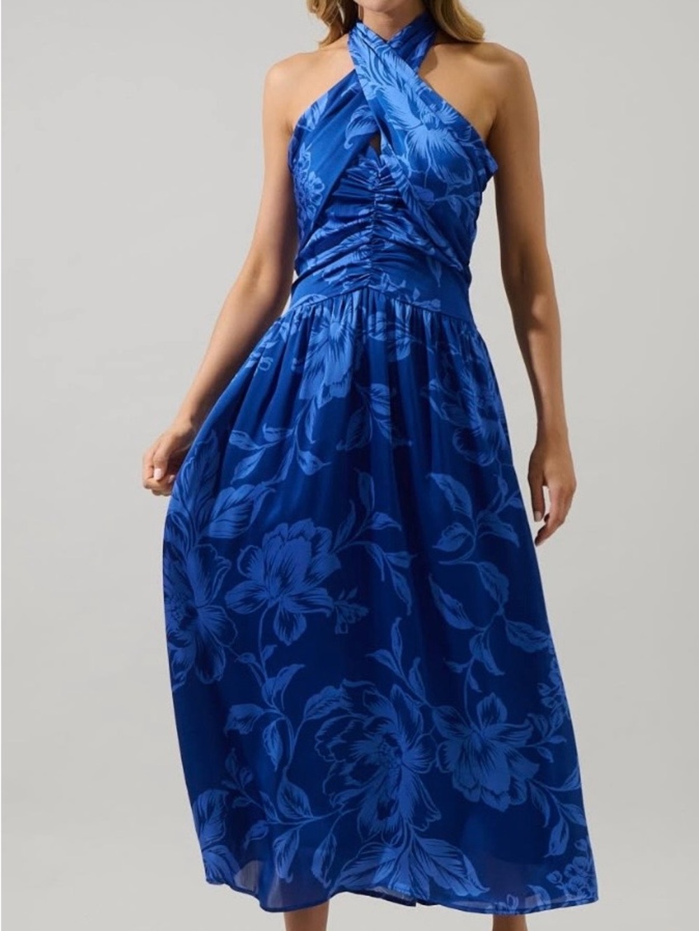 Sugarlips Royal Blue Floral One-Shoulder Midi Dress